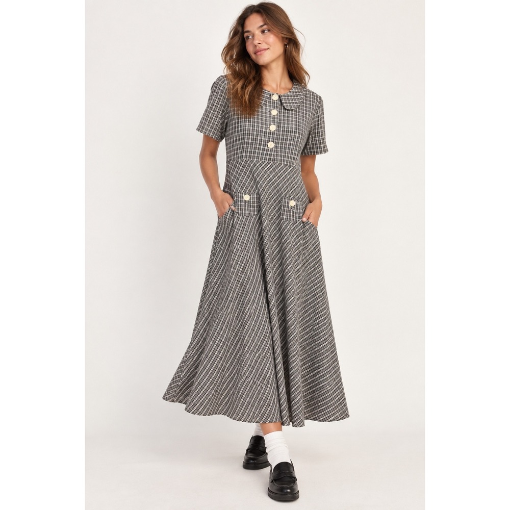 F.L. Malik Vintage USA 90s Plaid Maxi Dress Peter Pan Collar Flower Buttons